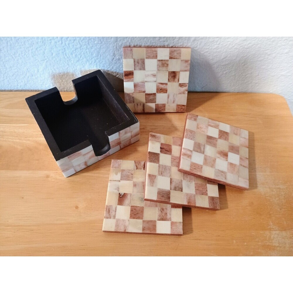 RLK Horn/Bone Checkered Coasters With Holder Set Of 4 By Leila's Linen